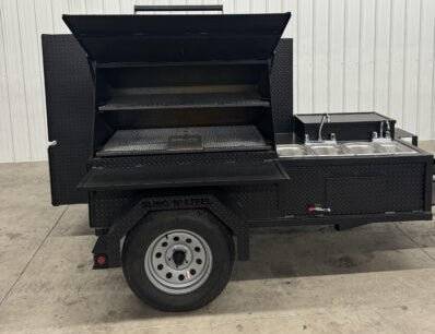 SNS Cabinet 60 Grill Smoker Combo with XL charcoal grill and 3-bay sink package on trailer