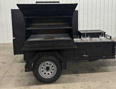SNS Cabinet 60 grill smoker combo with XL grill and 3-bay sink package on trailer for catering