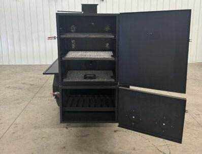 Wood Fired Smoker SNS Competition 60 Cabinet Smoker with open doors showing multiple cooking racks and rotating stainless steel grate.