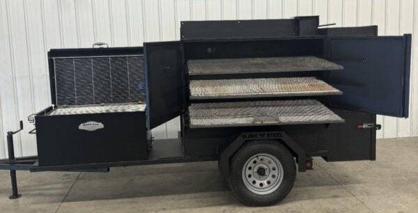 Wood fired smoker SNS Competition 60 Cabinet Smoker with BBQ 42 rotating racks on trailer for commercial catering