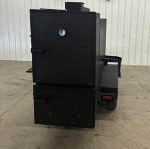 Wood fired smoker SNS Competition 60 Cabinet Smoker with BBQ 42 rotating rack pit in black, commercial-grade steel smoker unit.