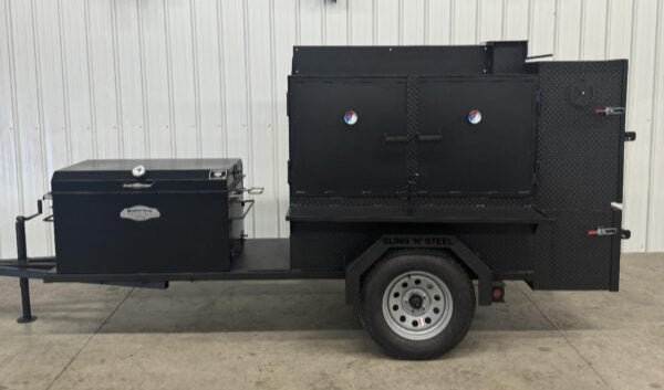 Wood fired smoker SNS Competition 60 Cabinet Smoker BBQ trailer with 42 rotating rack and insulated firebox for commercial catering.