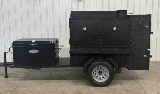 Wood fired smoker SNS Competition 60 cabinet smoker with BBQ 42 rotating rack pit on trailer for commercial catering