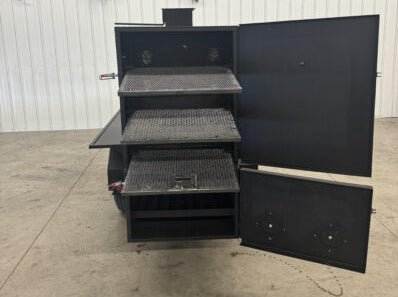Wood fired smoker SNS Competition 60 cabinet smoker with three slide-out cooking racks and double-sided rotating grate for commercial BBQ catering.