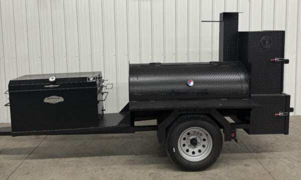 Custom Pits SNS Competition 60 charcoal and wood-fired smoker with rotating rack and insulated firebox on trailer