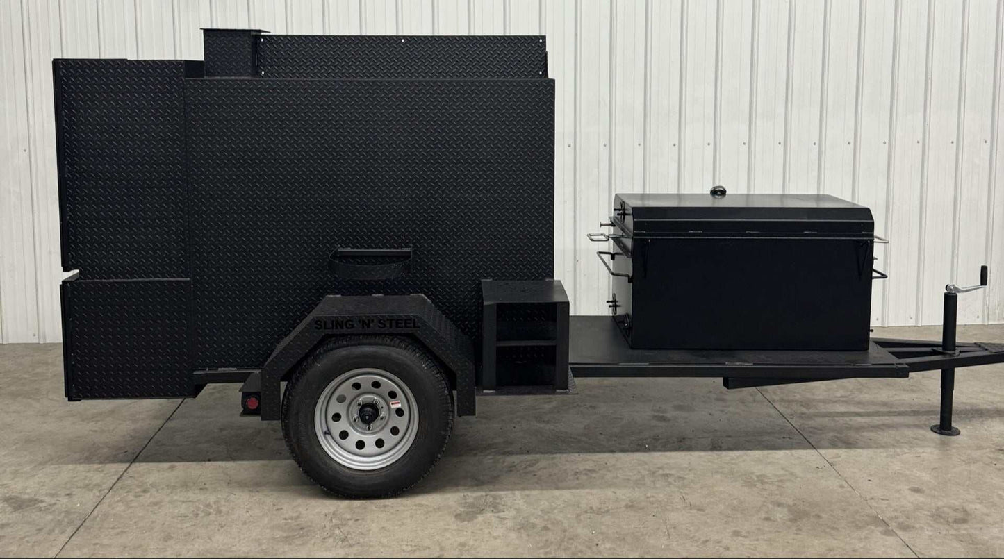 Custom SNS Competition 60 smoker BBQ trailer with rotating rack and insulated firebox for commercial catering