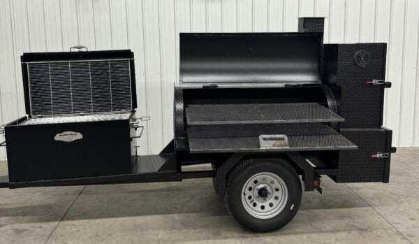 Custom Pits SNS Competition 60 Smoker BBQ with 42-inch rotating rack on trailer designed for commercial catering.