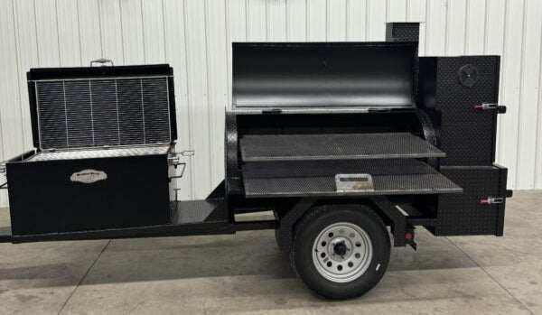 Custom Pits SNS Competition 60 smoker with BBQ 42 rotating rack pit on trailer for commercial BBQ catering