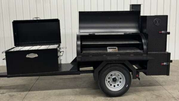 Custom Pits SNS Competition 60 Smoker trailer with BBQ 42 rotating rack pit and insulated firebox