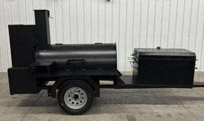 Custom Pits SNS Competition 60 smoker with BBQ 42 rotating rack pit on trailer for commercial BBQ catering