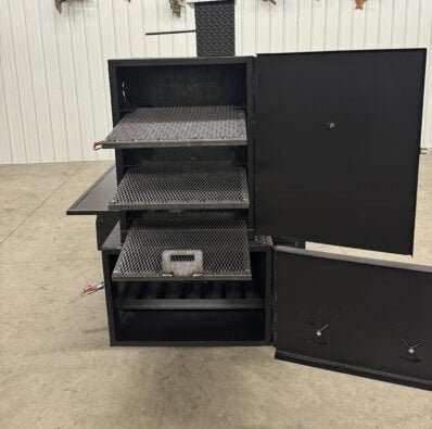 Custom Pits SNS Competition 60 Smoker with rotating racks and insulated firebox for commercial BBQ catering