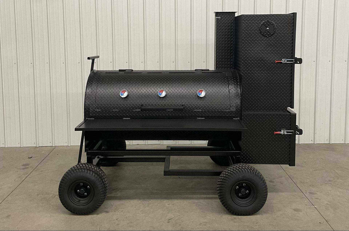 SNS Competition Smoker wagon style with multiple temperature gauges and large cooking capacity in black rolled tread steel