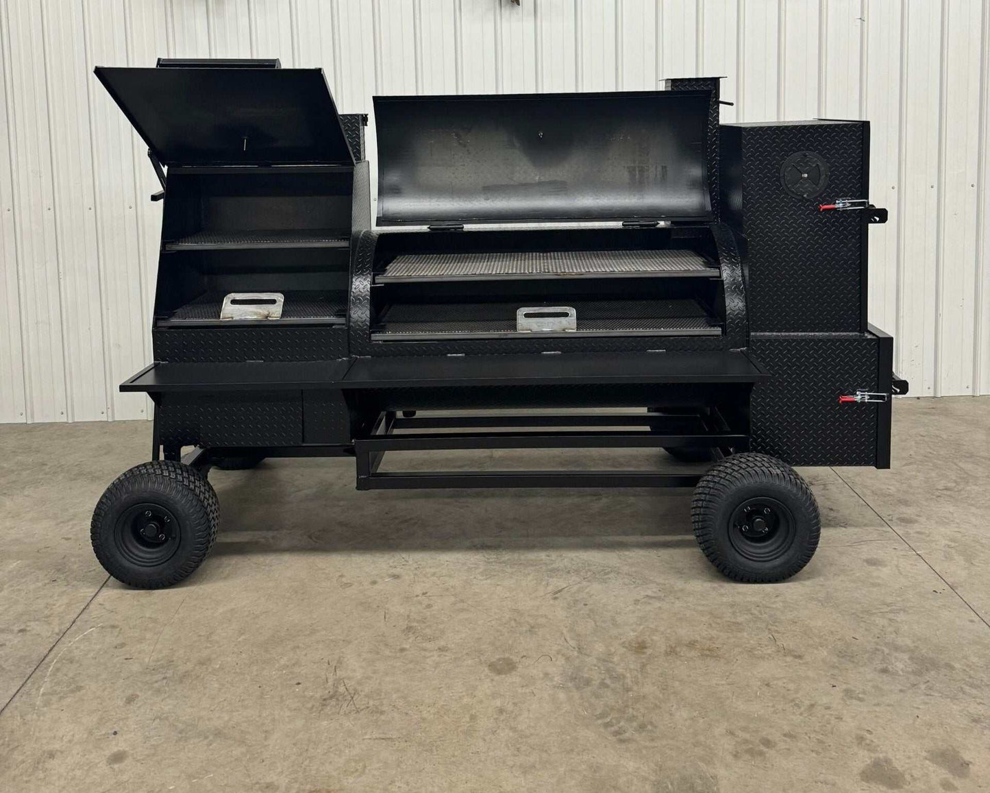 SNS Competition Wagon outdoor backyard BBQ smoker and grill with large cooking racks and wheels for mobility