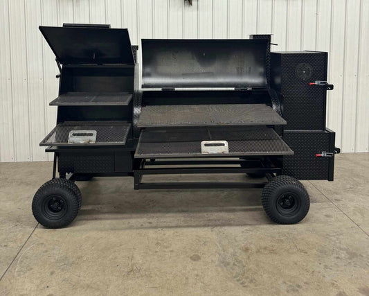 SNS Competition Wagon Backyard BBQ smoker with large grilling racks and wagon chassis on wheels