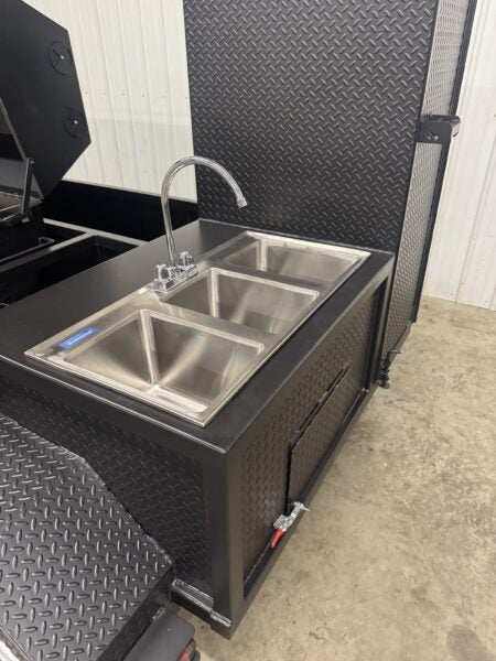 SNS Hospitality Trailer stainless steel 3 bay sink system with hot water heater and storage compartments