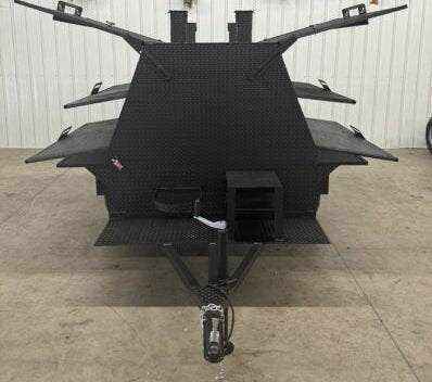 SNS Mega Grill commercial dual cooking pit charcoal grilling trailer with extended side racks and tow hitch for BBQ catering