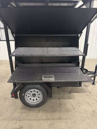 Mobile dual cooking pit giant grill trailer with roof package and charcoal trays