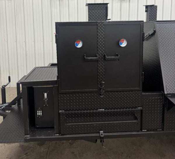 SNS Pellet Vault and Charcoal Grill Combo smoker and grill trailer with dual doors and diamond plate finish