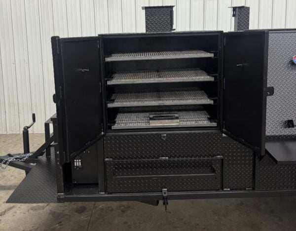 SNS Pellet Vault and Charcoal Grill Combo with multiple cooking racks and storage, ideal for catering and backyard BBQs