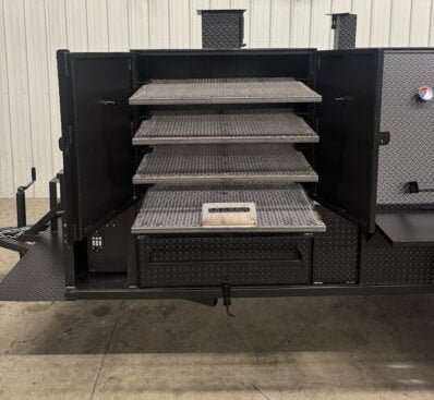 SNS Pellet Vault and Charcoal Grill Combo with multiple slide-out cooking racks and heavy-duty construction for catering and backyard use