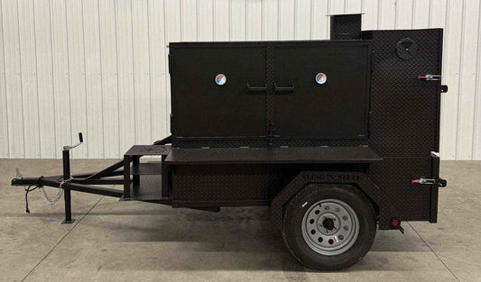 SNS Smoke House Smoke Cabinet smoker trailer with flat grill and dual doors in black diamond plate steel