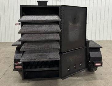 SNS Smoke House smoke cabinet smoker with multiple racks, charcoal grill, and pull-out loading tray in black steel design