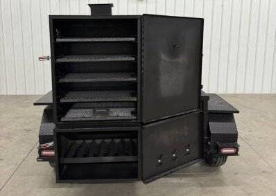 SNS Smoke House Smoke Cabinet Smoker with five tray warming box and large charcoal grill on trailer