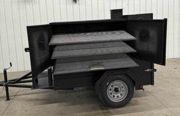 SNS Smoke House Smoke Cabinet smoker with large capacity, multiple racks, charcoal grill, and trailer features