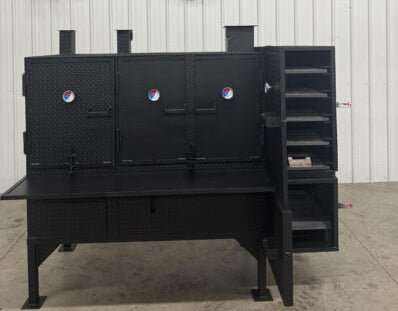SNS Smoker And Grill combo concession cabinet with smoker, charcoal grill, and collapsible front shelf in black steel