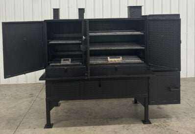 SNS Smoker And Grill concession cabinet with smoker and charcoal grill combo in black steel with multiple cooking racks and collapsible front shelf