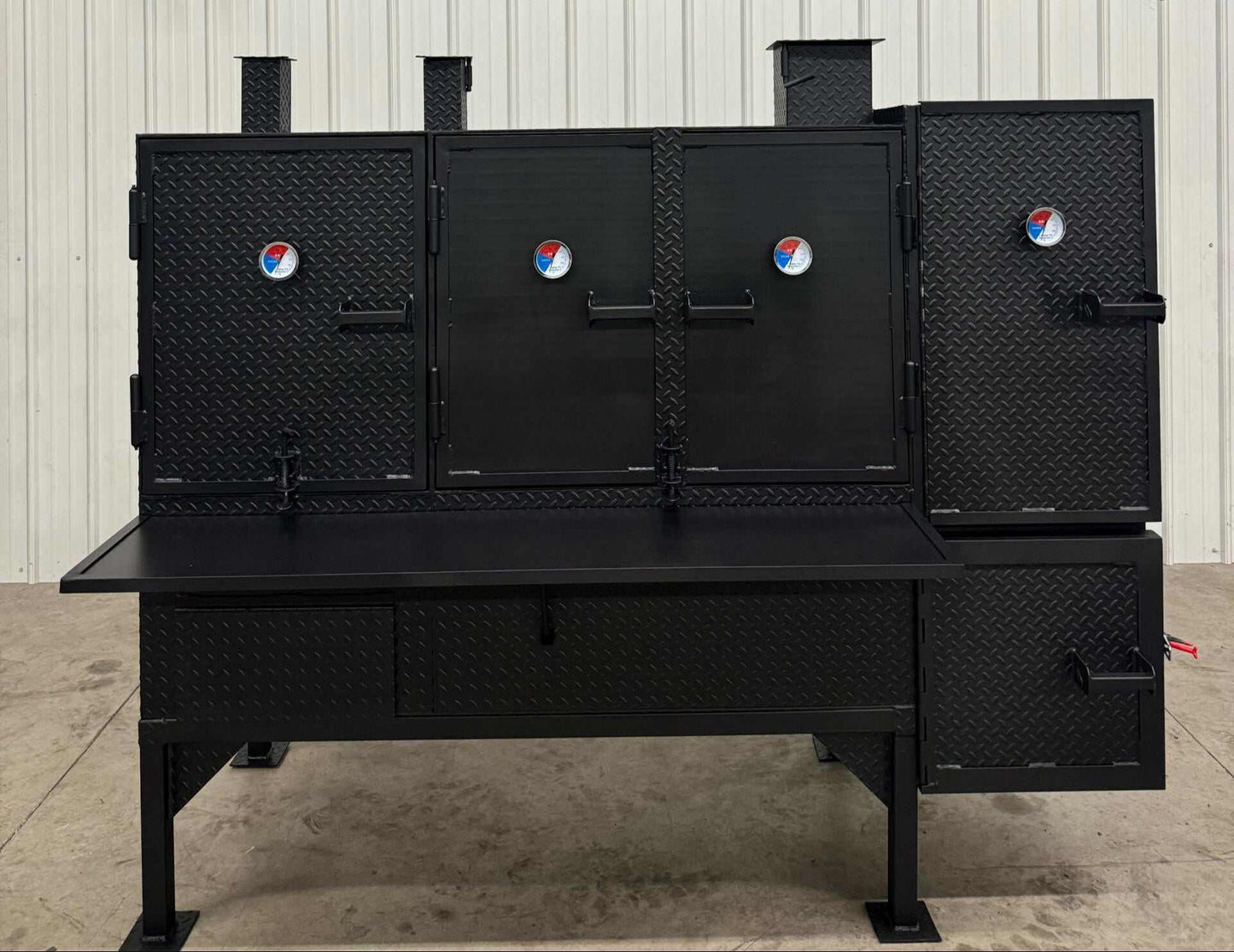 SNS Smoker and Grill combo concession cabinet with diamond plate steel and collapsible front shelf for commercial BBQ catering