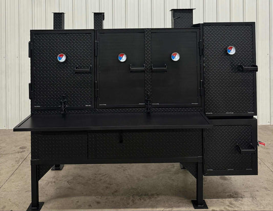 SNS Smoker and Grill combo concession cabinet with diamond plate steel and collapsible front shelf for commercial BBQ catering