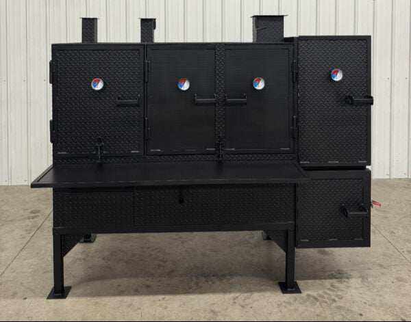 SNS Smoker And Grill commercial charcoal grill and smoker combo with collapsible front shelf and diamond plate steel design