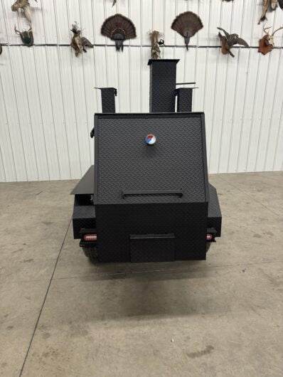 SNS Tailgater 60 trailer smoker and grill with barrel smoker and rear charcoal grill in black diamond tread steel