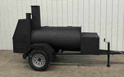 SNS Tailgater 60 trailer smoker and grill with barrel smoker and rear charcoal grill for BBQ catering and enthusiasts