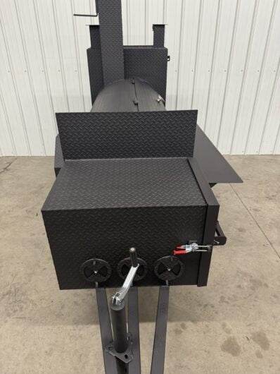 SNS Tailgater 60 trailer smoker and grill made of rolled diamond tread steel for BBQ catering and enthusiasts