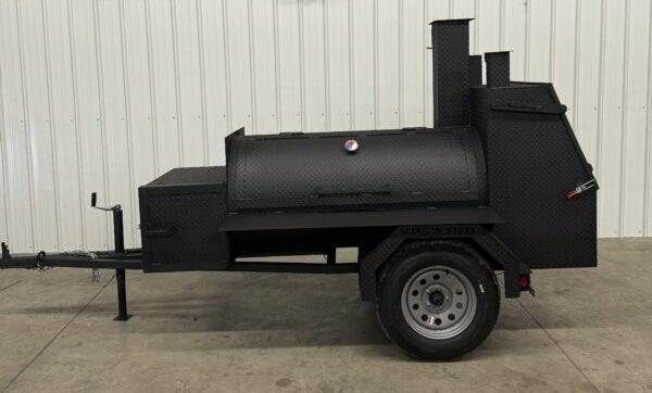SNS Tailgater 60 trailer smoker and charcoal grill with barrel smoker and rear charcoal grill for BBQ cooking