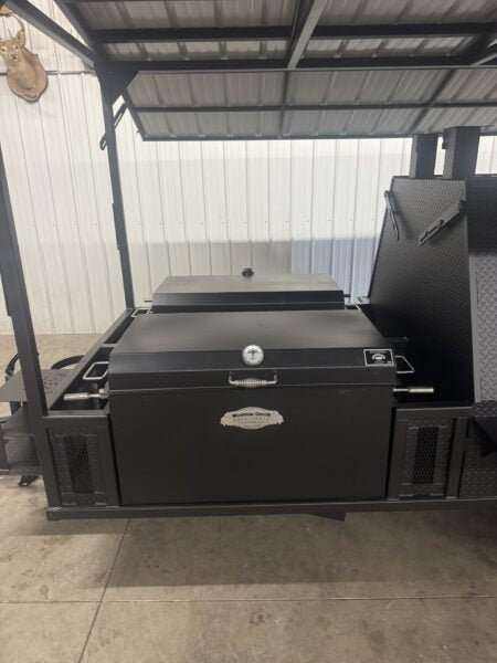 SNS Ultimate Mega Grill commercial charcoal grill trailer with roof and dual cooking chambers