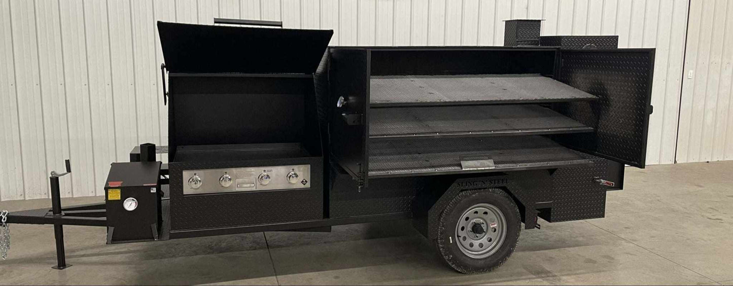 SNS Ultimate Smokehouse 60-inch charcoal grill smoker with 36-inch griddle, triple cooking racks, warming box, sink, and dual basket fryer.
