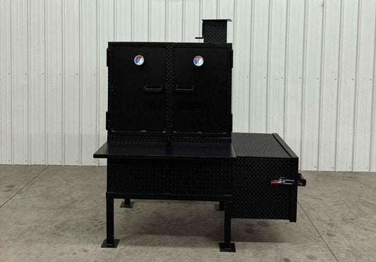 SNS 40 smoker cabinet with large 30x40 chamber, double-walled firebox, and reverse flow design for heavy-duty smoking.