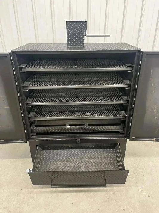 42 Cabinet Combo Smoker with heavy steel construction, multiple racks, grease pan, and ash pan for versatile wood and charcoal smoking