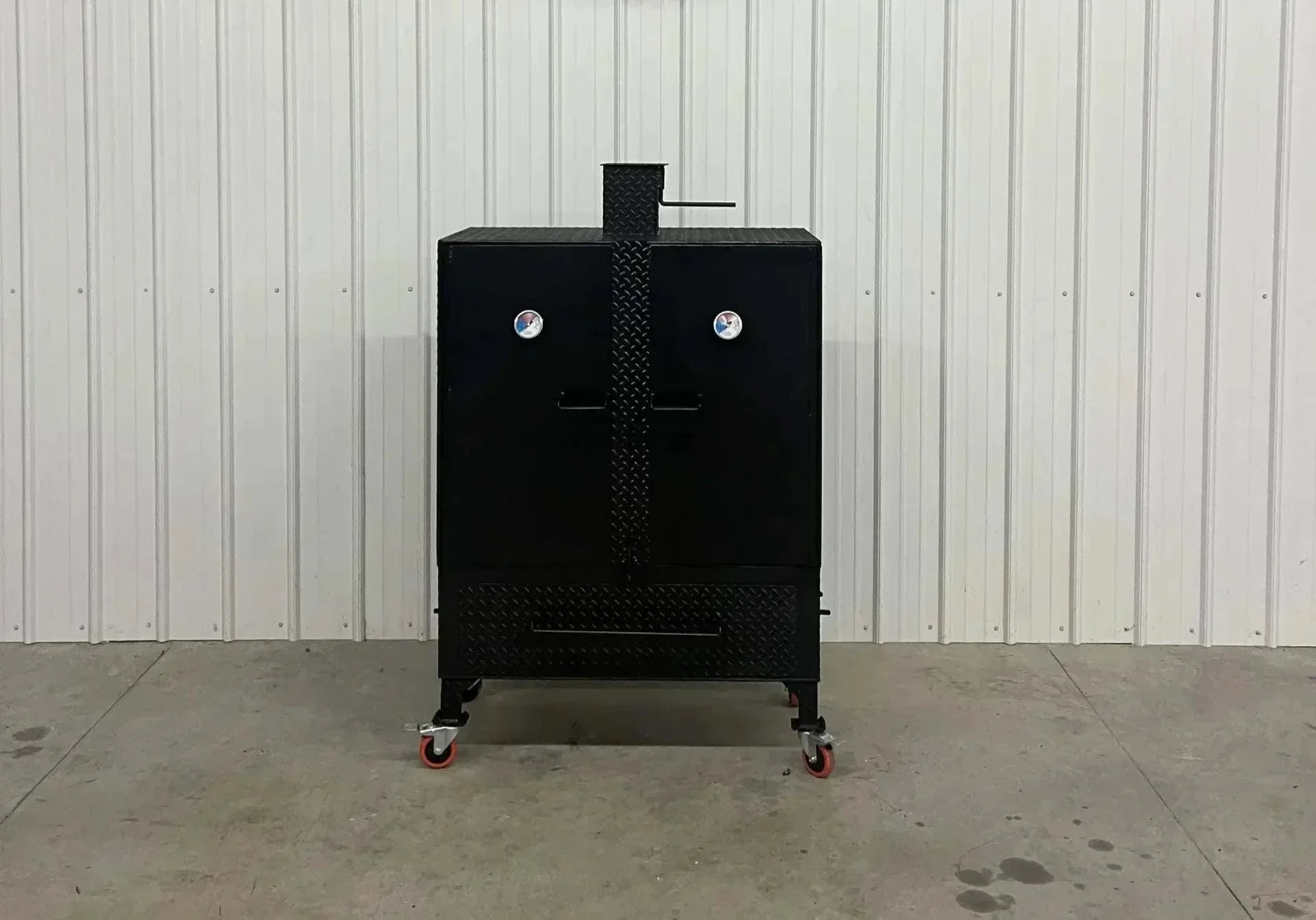 42 Cabinet Combo Smoker with dual gauges, heavy steel construction, and caster wheels for mobility