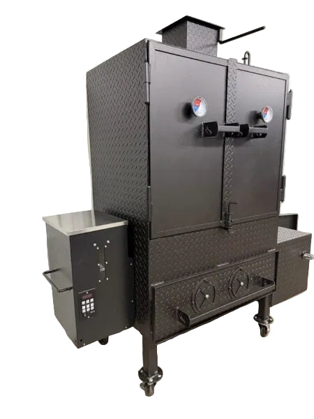 cabinet smoker with pellet capability on one side and wood capability on the other.