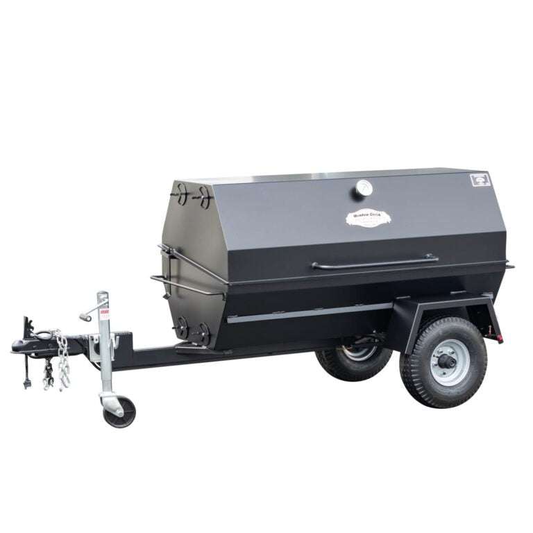 Black trailer with a large storage box on a white background
