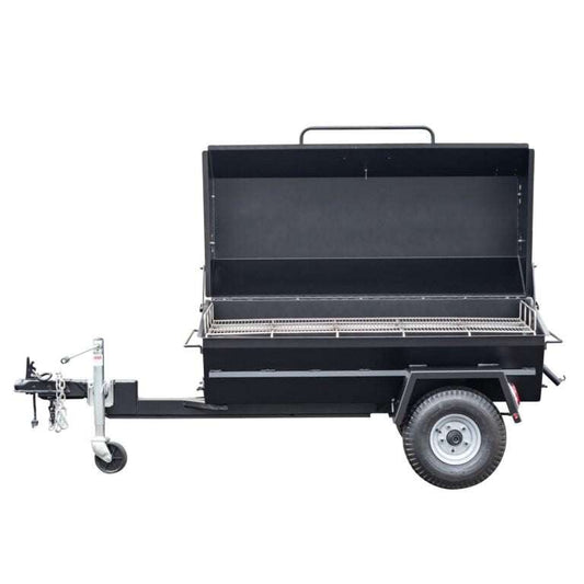 Black trailer with a large open cargo area on a white background