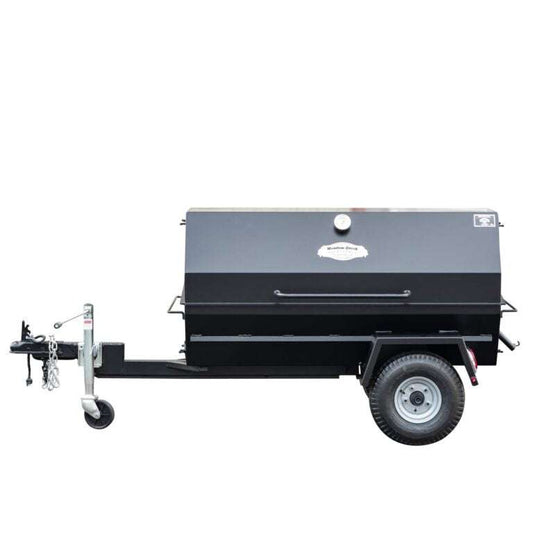 Black barbecue grill on wheels with a visible brand logo on a white background