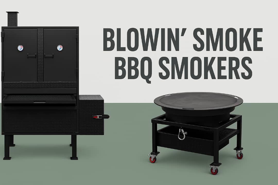 Two BBQ smokers with 'Blowin' Smoke BBQ Smokers' text on a white background.