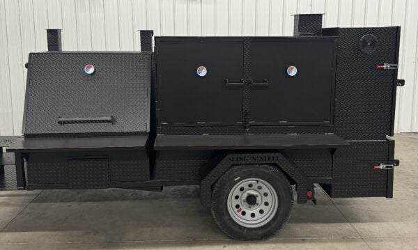 Smoker Grills SNS 4060 heavy-duty smoker grill with cabinet main chamber and storage on a trailer.