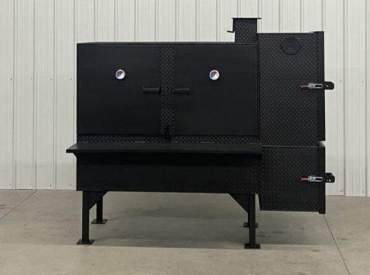 SNS 60 Concession Smoker Cabinet large black reverse flow smoker with diamond tread steel and multiple cooking racks