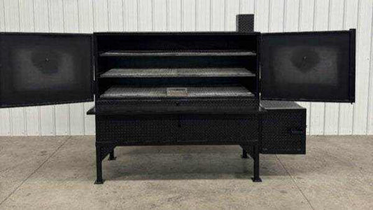 Box Smoker SNS 72 inch reverse flow smoker cabinet with diamond tread steel, three slide-out cooking racks, and insulated firebox